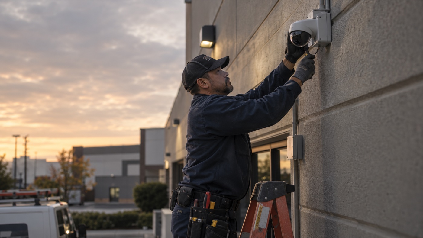 D&H technician installing a security camera on a commercial building
